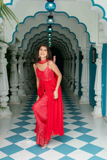 Women's Red Long slit top with palazzo