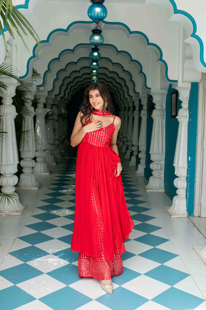 Women's Red Long slit top with palazzo