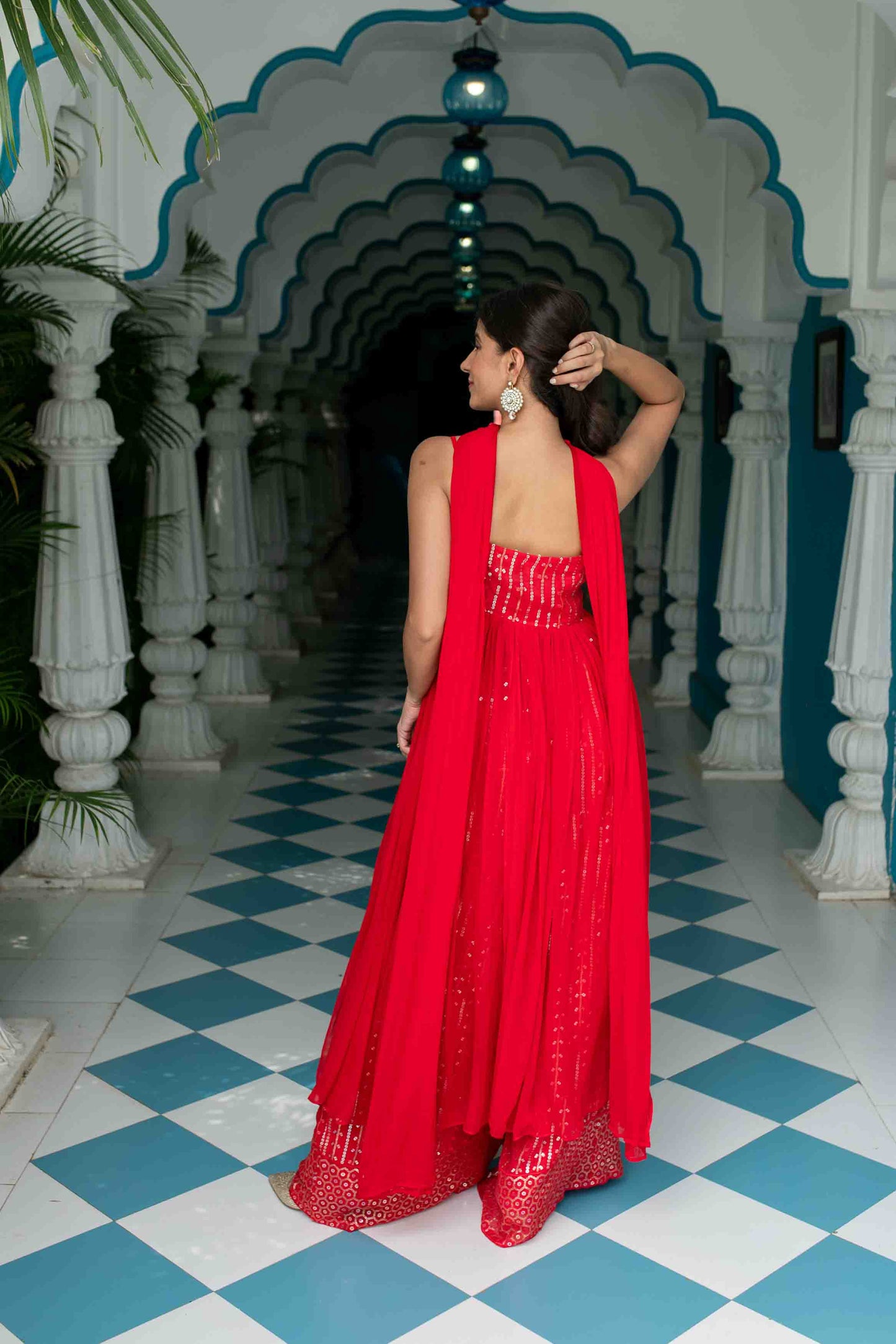 Women's Red Long slit top with palazzo