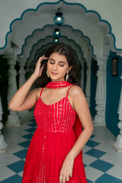 Women's Red Long slit top with palazzo