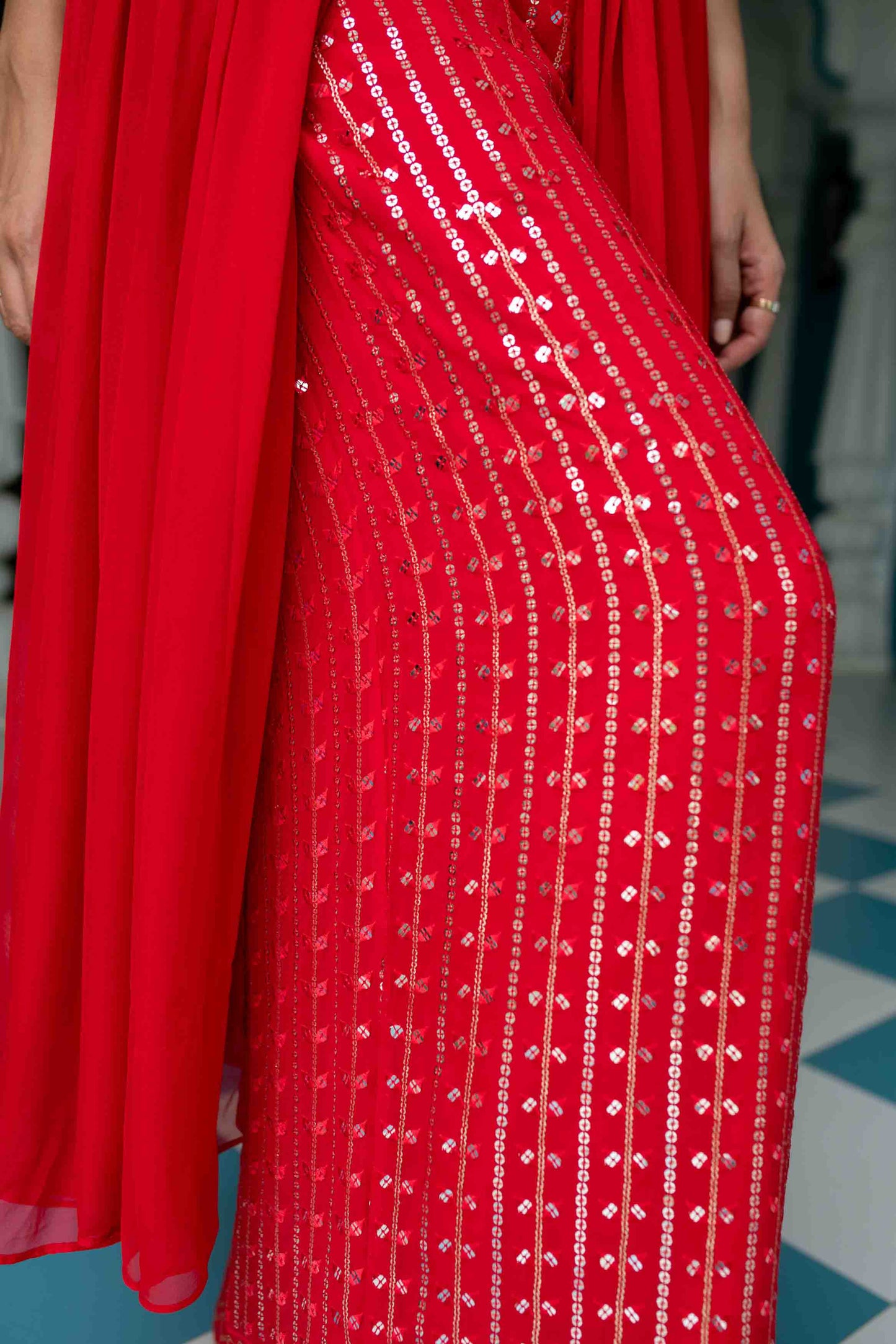 Women's Red Long slit top with palazzo