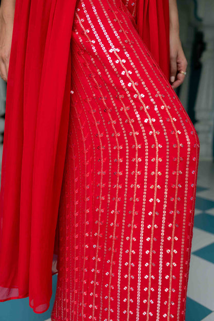 Women's Red Long slit top with palazzo