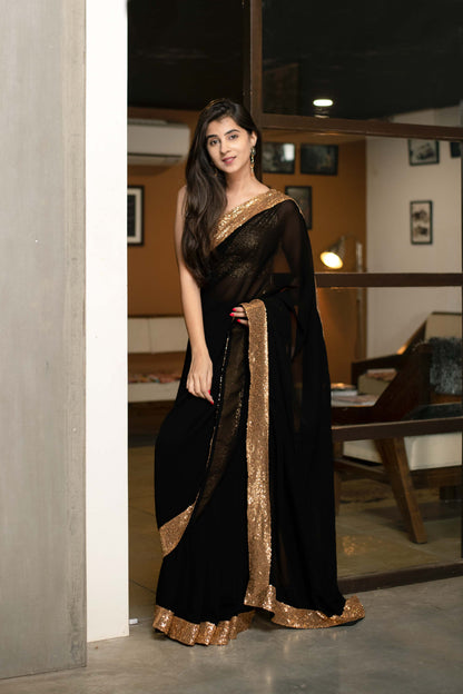 Women's Black Georgette Saree With Blouse by Label Sha