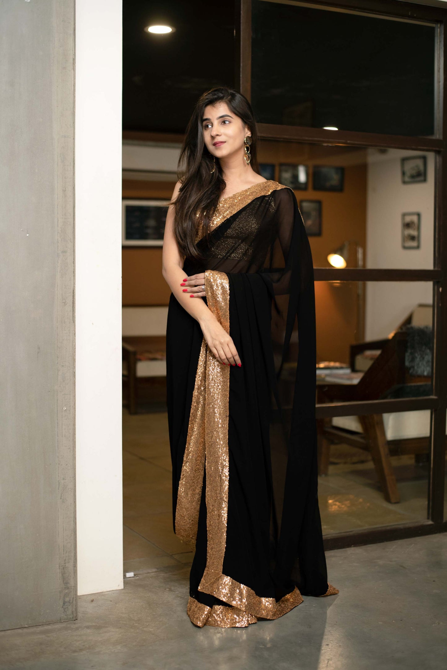 Women's Black Georgette Saree With Blouse by Label Sha