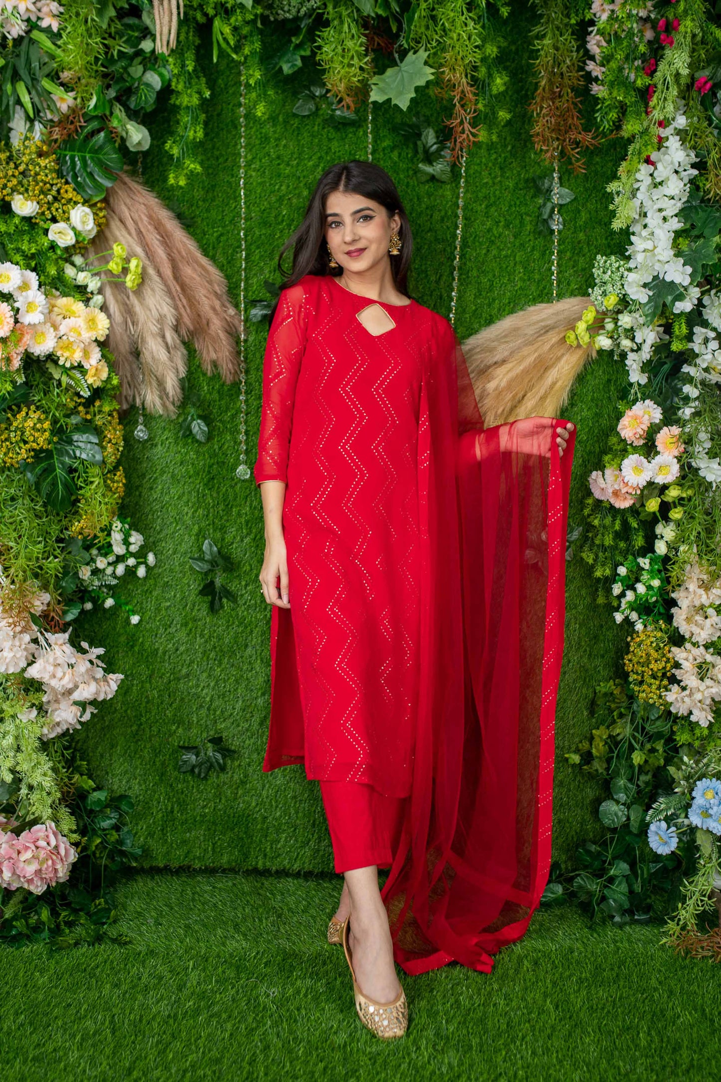 Women's Red Thread Work Kurta Set
