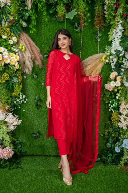 Women's Red Thread Work Kurta Set