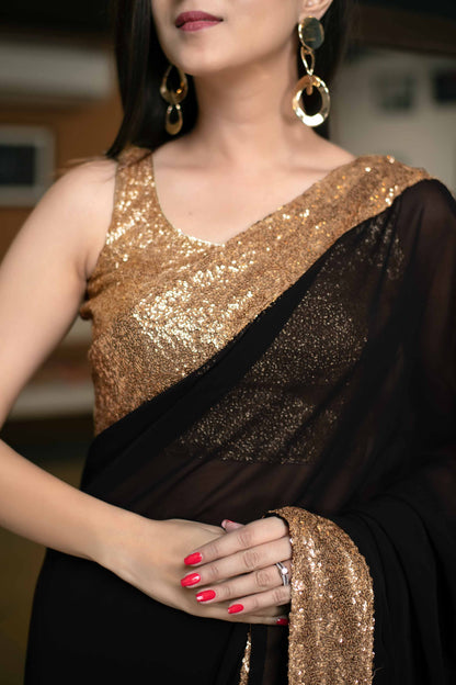 Women's Black Georgette Saree With Blouse by Label Sha