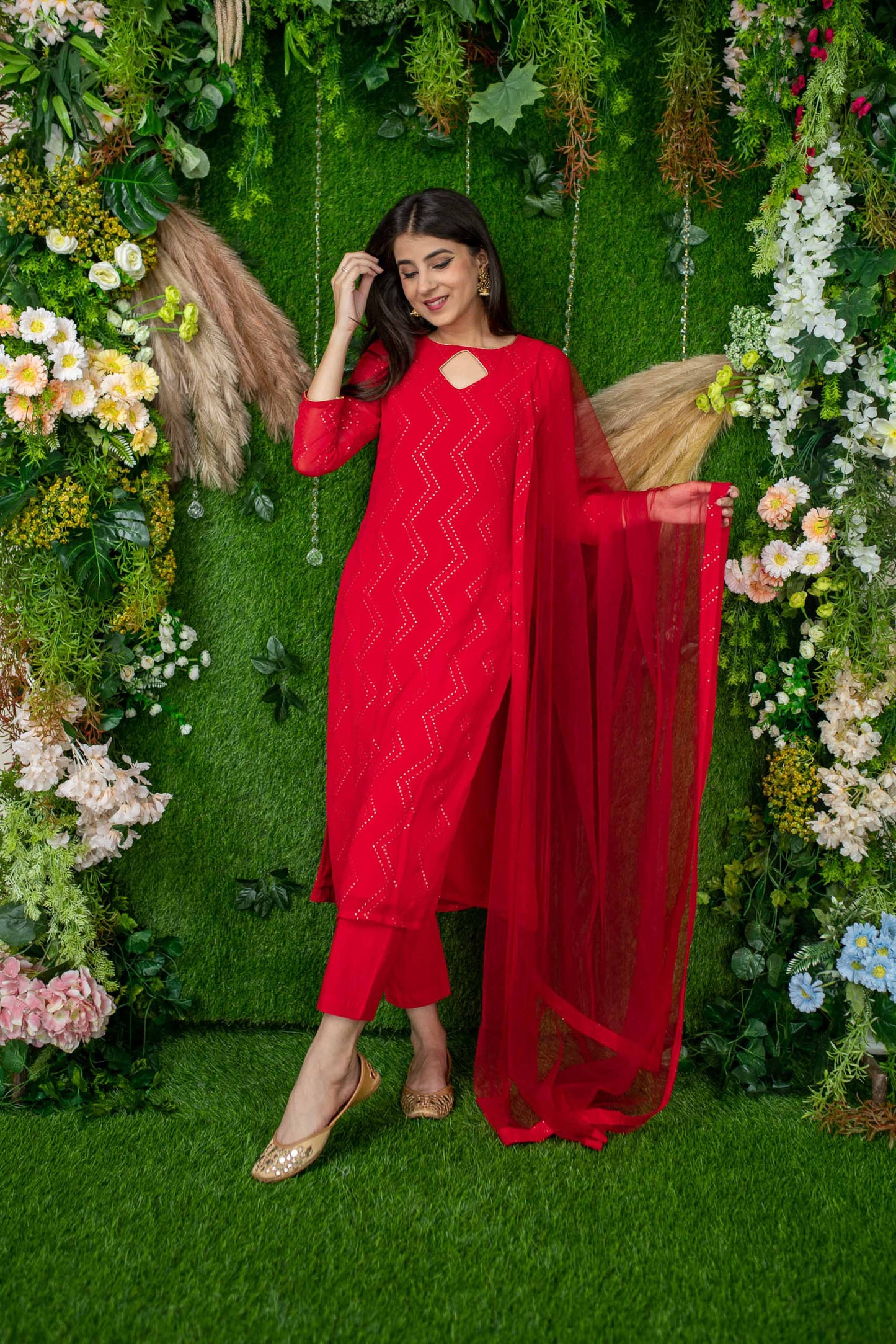 Women's Red Thread Work Kurta Set