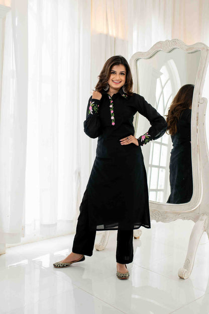 Women's Black Chanderi Embroidered KurtaÂ Set