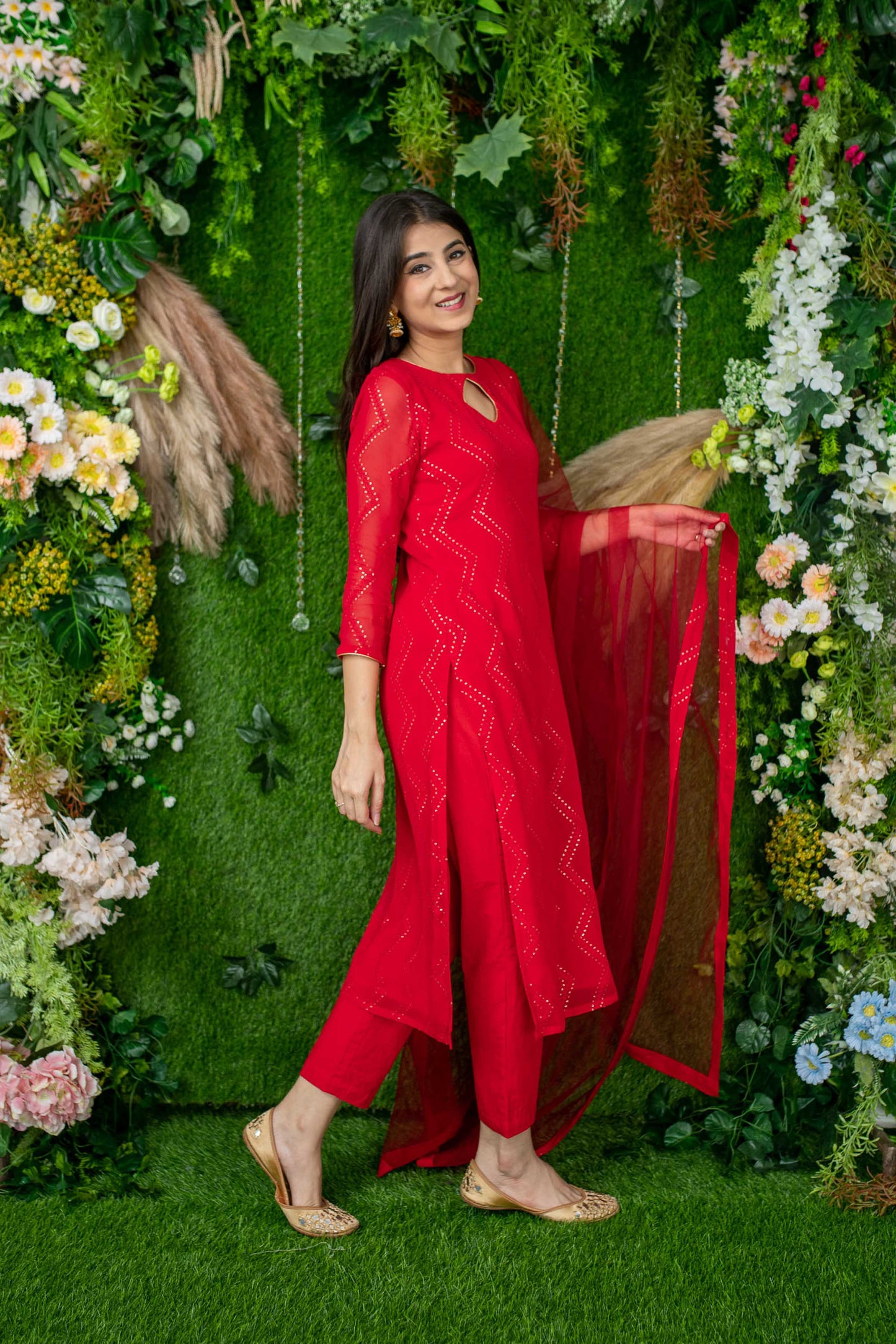 Women's Red Thread Work Kurta Set
