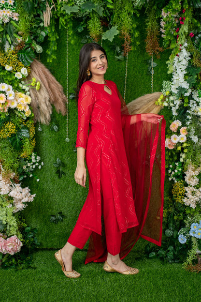 Women's Red Thread Work Kurta Set
