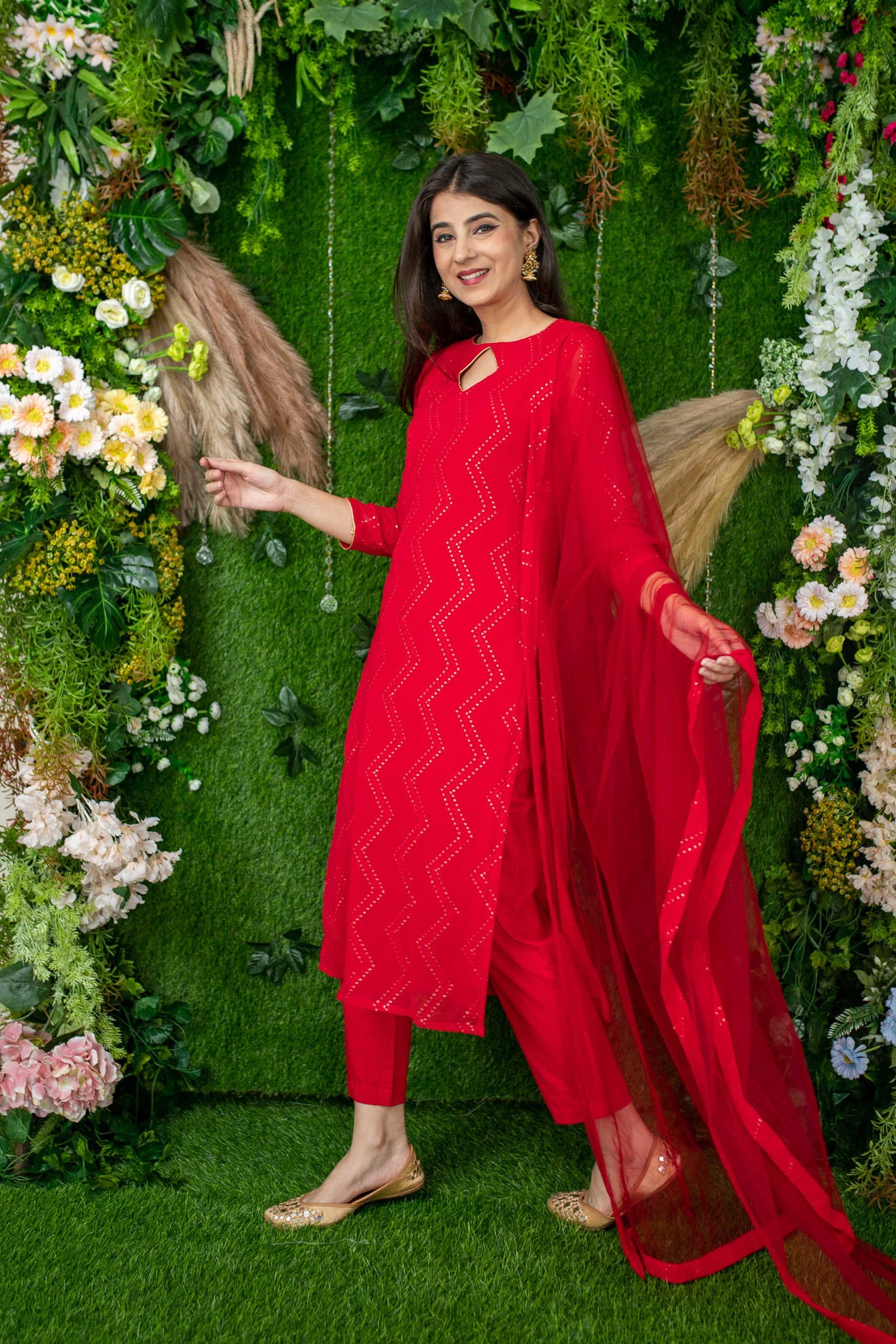Women's Red Thread Work Kurta Set