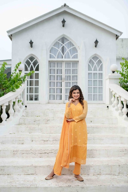 Women's Light Orange Thread Work Kurta Set