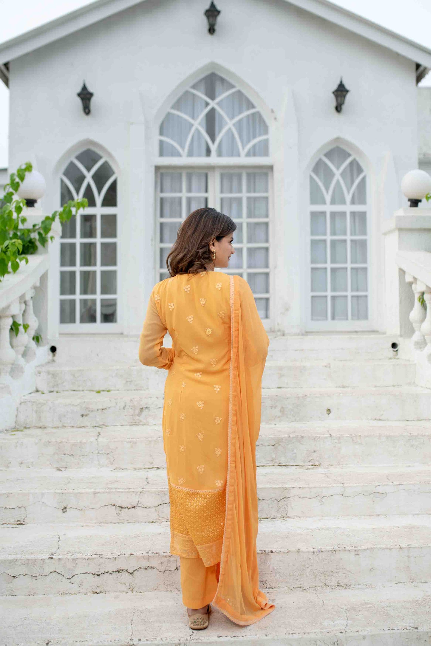 Women's Light Orange Thread Work Kurta Set