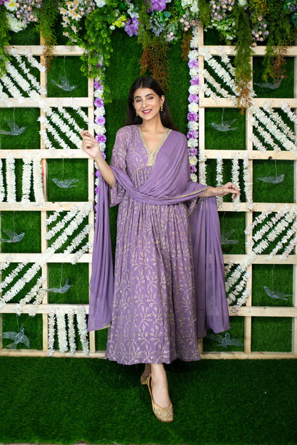 Women's Violet Gold Thread Work Anarkali