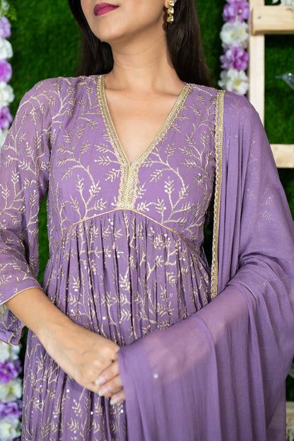 Women's Violet Gold Thread Work Anarkali