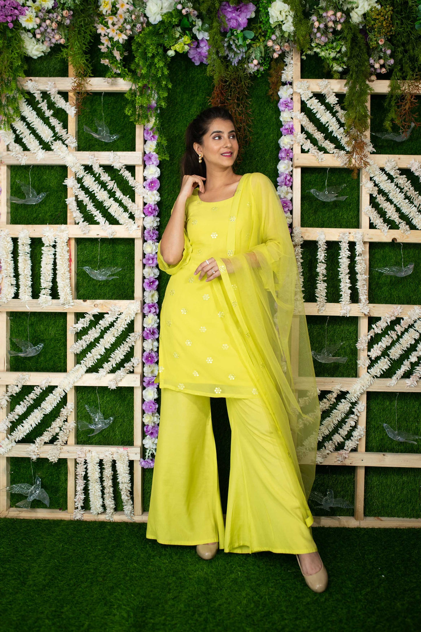 Women's Lime Kurta Sequin Kurta Pallaza Set