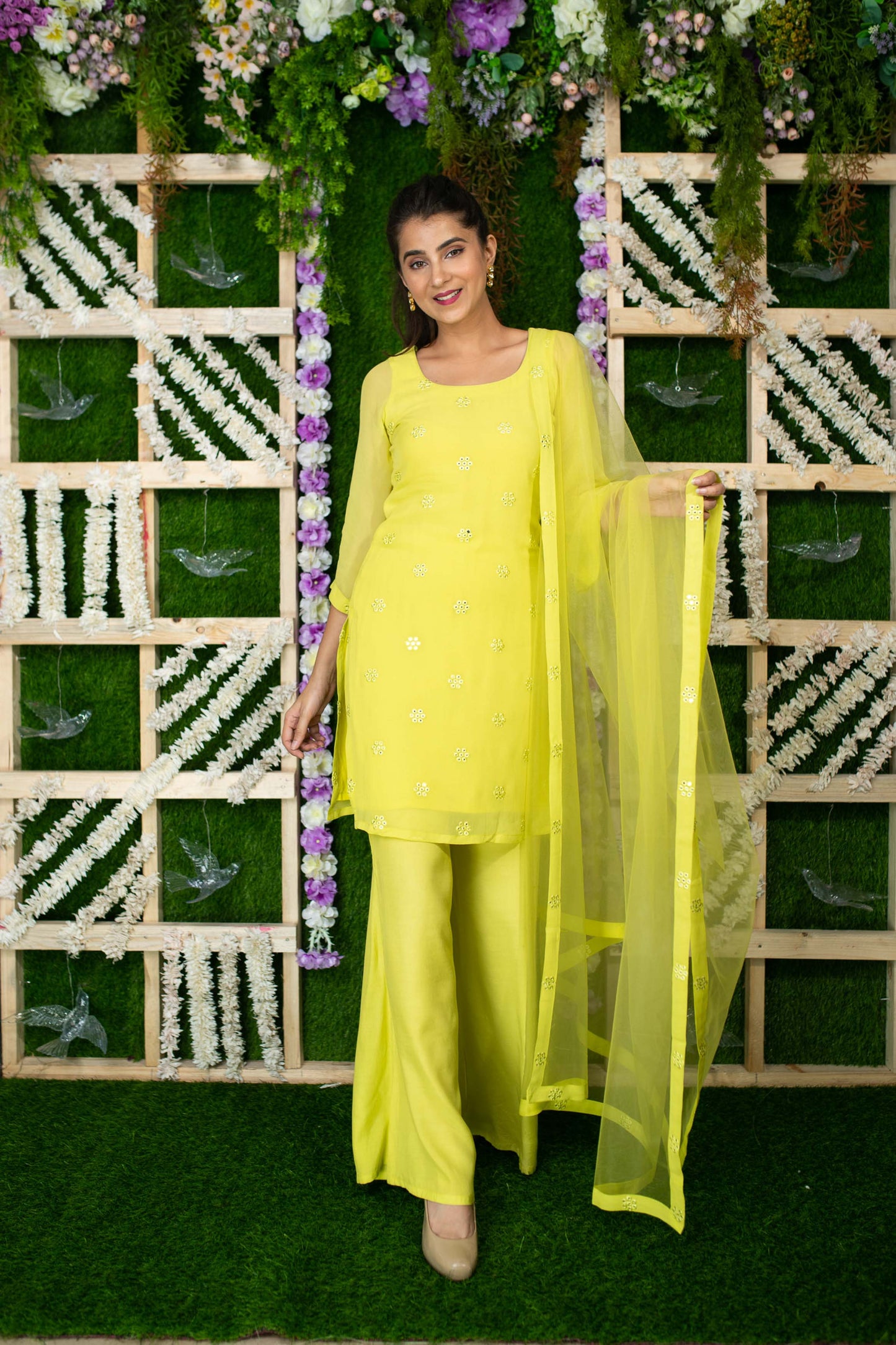 Women's Lime Kurta Sequin Kurta Pallaza Set