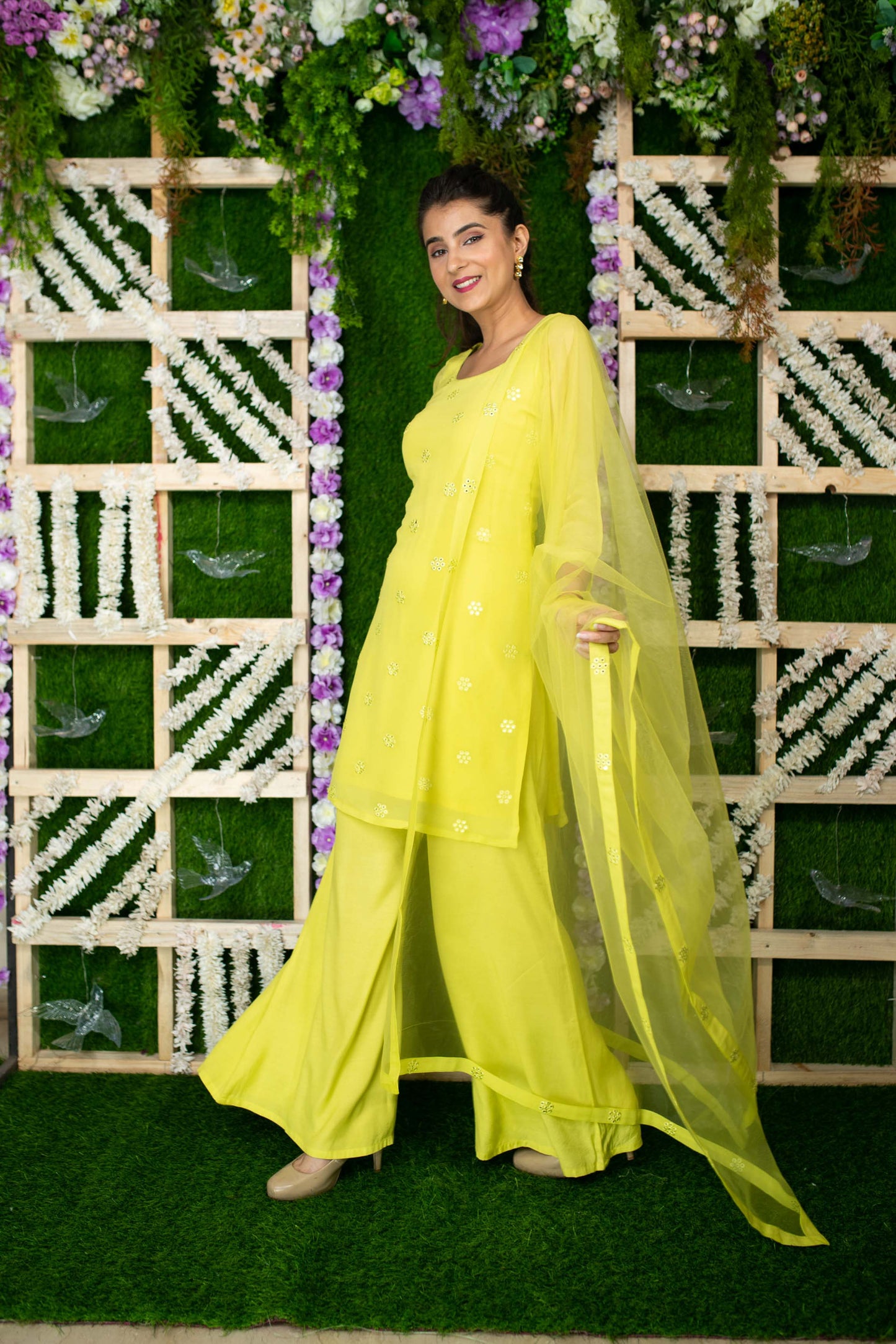 Women's Lime Kurta Sequin Kurta Pallaza Set