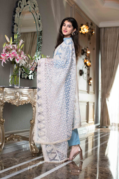 Women's White Thread Work Dupatta With Kurta Set
