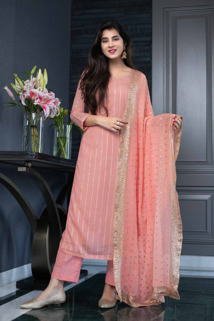 Women's Peach Kurta set With Heavy Dupatta (3pcs Set)