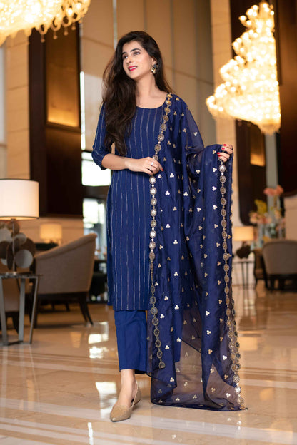 Women's Royal Blue Kurta Set With Organza Dupatta (3pcs Set)