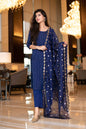 Women's Royal Blue Kurta Set With Organza Dupatta (3pcs Set)