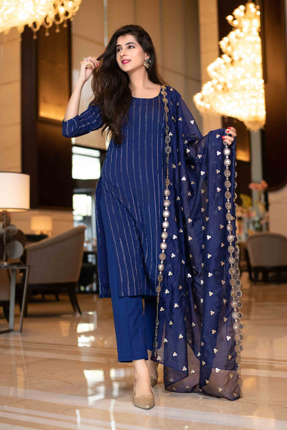 Women's Royal Blue Kurta Set With Organza Dupatta (3pcs Set)
