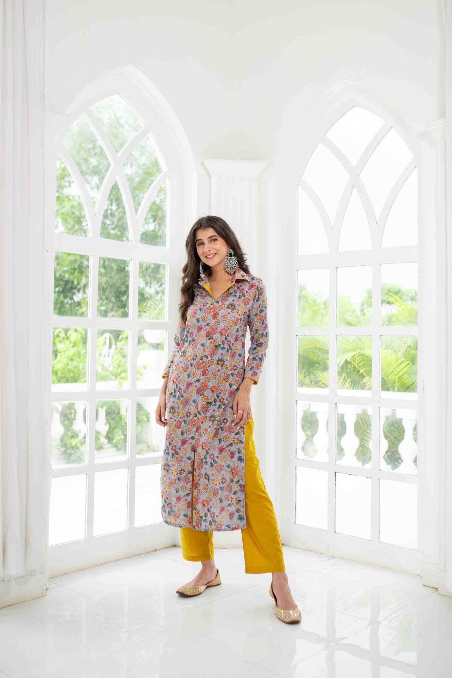 Women's Grey Mustard Self Embroidery  Cotton Kurta Set