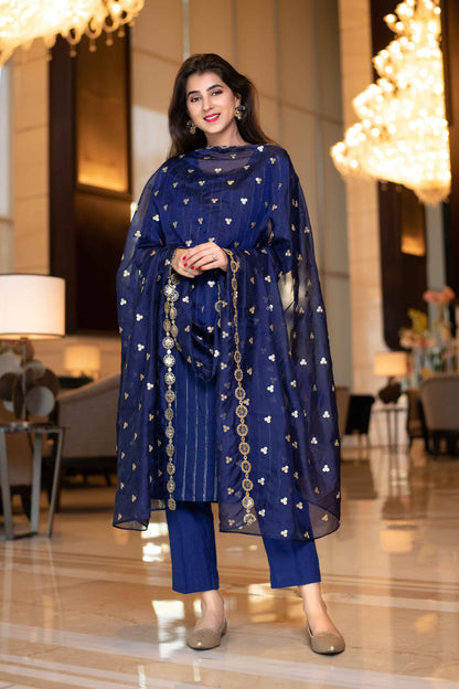 Women's Royal Blue Kurta Set With Organza Dupatta (3pcs Set)