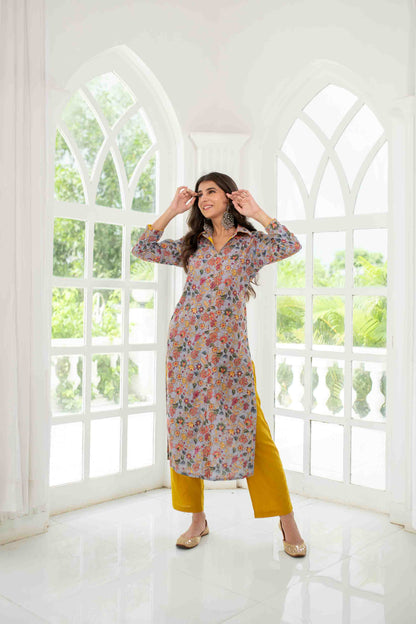 Women's Grey Mustard Self Embroidery  Cotton Kurta Set