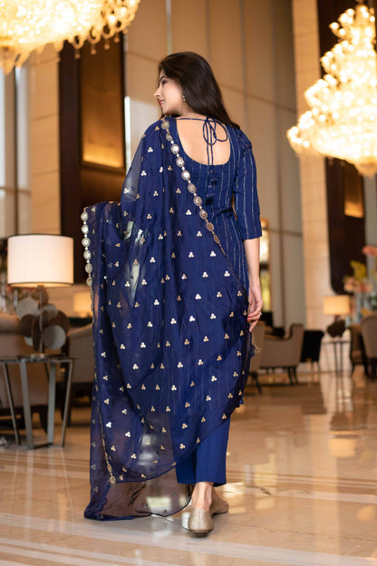 Women's Royal Blue Kurta Set With Organza Dupatta (3pcs Set)