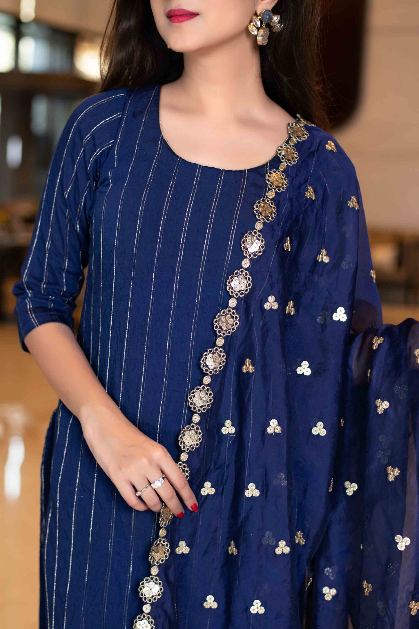 Women's Royal Blue Kurta Set With Organza Dupatta (3pcs Set)