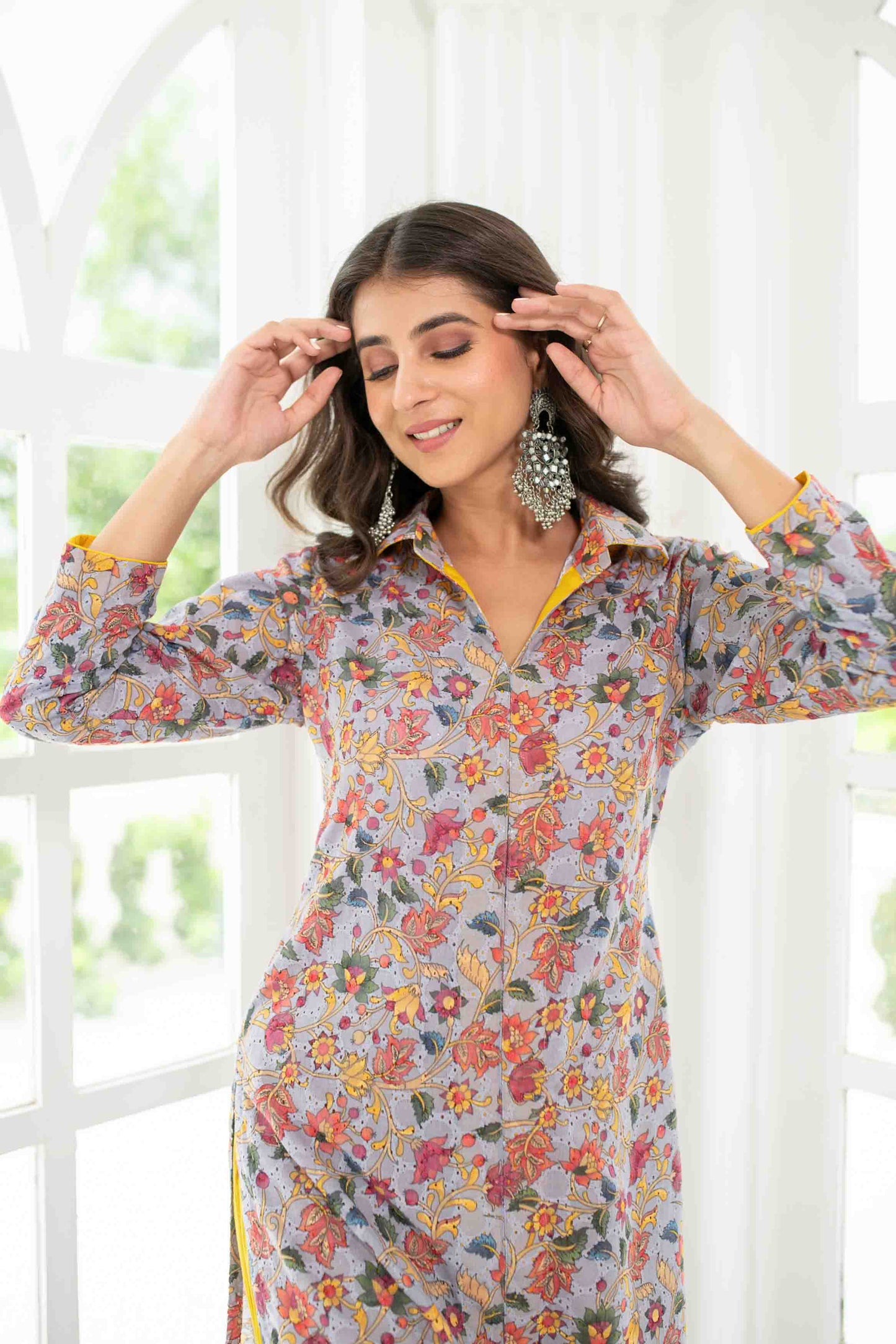 Women's Grey Mustard Self Embroidery  Cotton Kurta Set