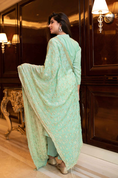 Women's Pista Green Kurta Set With Chinon Heavy Zari Work Dupatta (3pcs Set)