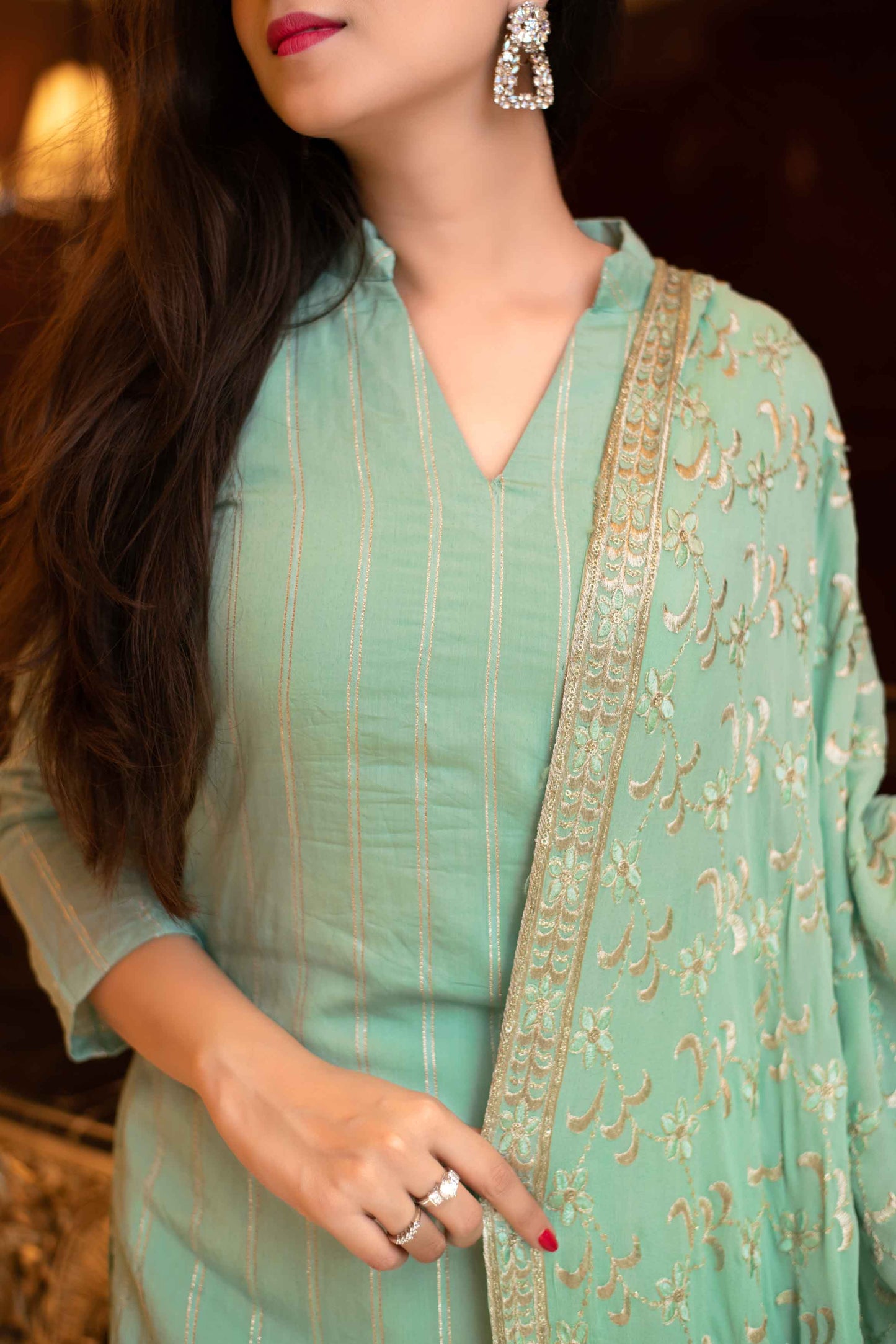 Women's Pista Green Kurta Set With Chinon Heavy Zari Work Dupatta (3pcs Set)