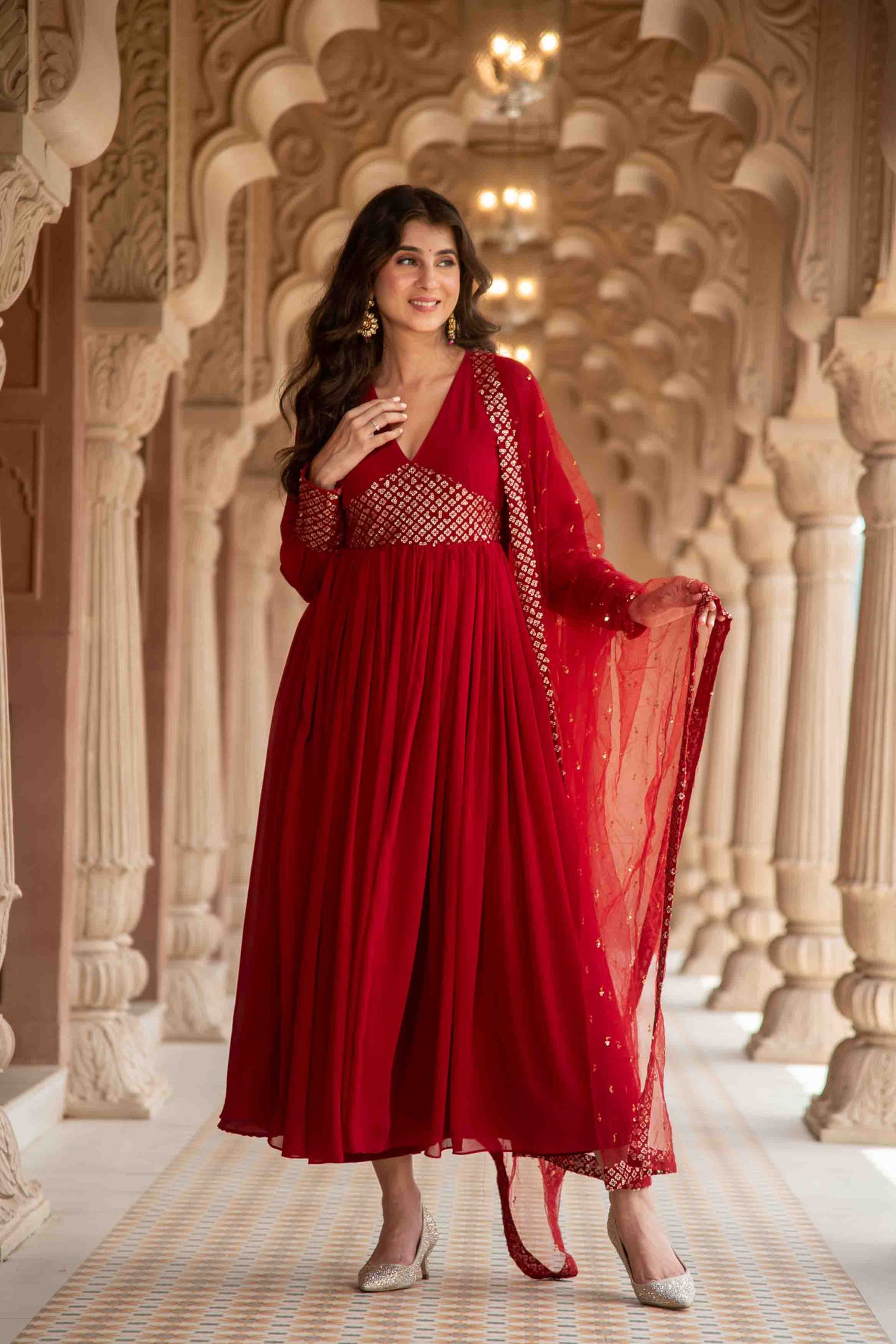 Women's Maroon V Neck Anarkali Set