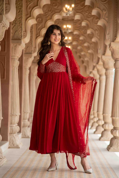 Women's Maroon V Neck Anarkali Set