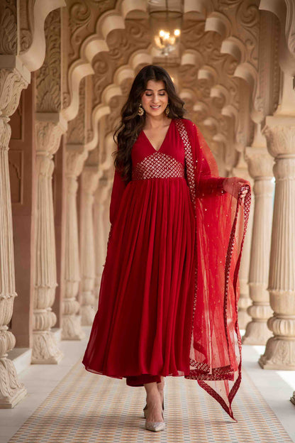 Women's Maroon V Neck Anarkali Set