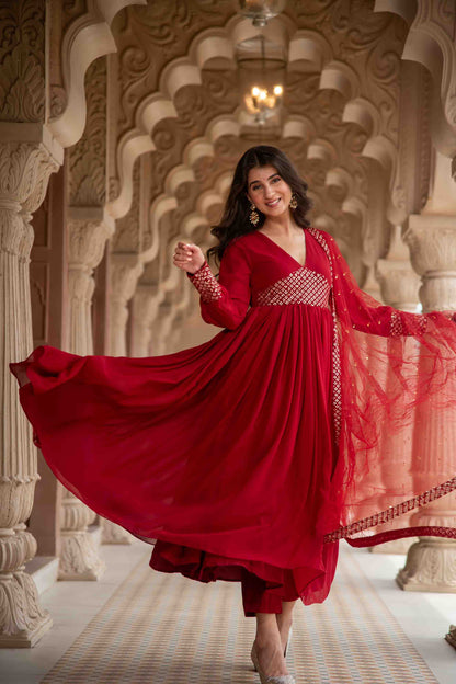 Women's Maroon V Neck Anarkali Set
