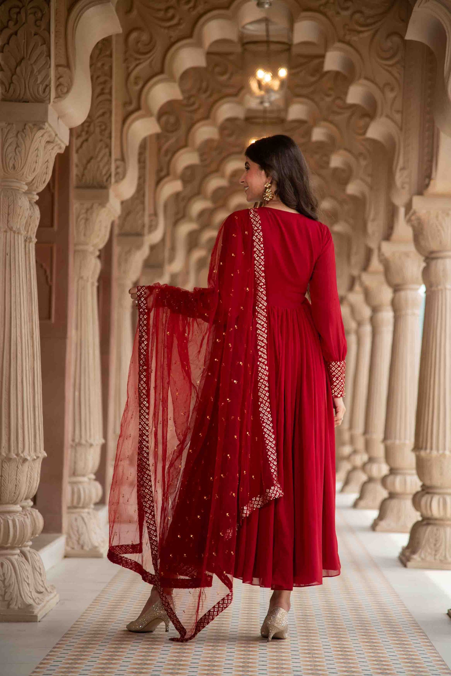 Women's Maroon V Neck Anarkali Set