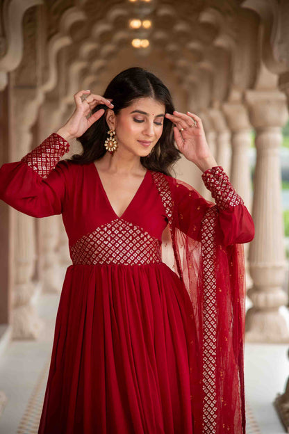 Women's Maroon V Neck Anarkali Set