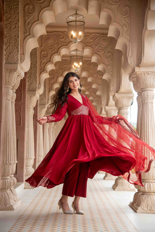 Women's Maroon V Neck Anarkali Set