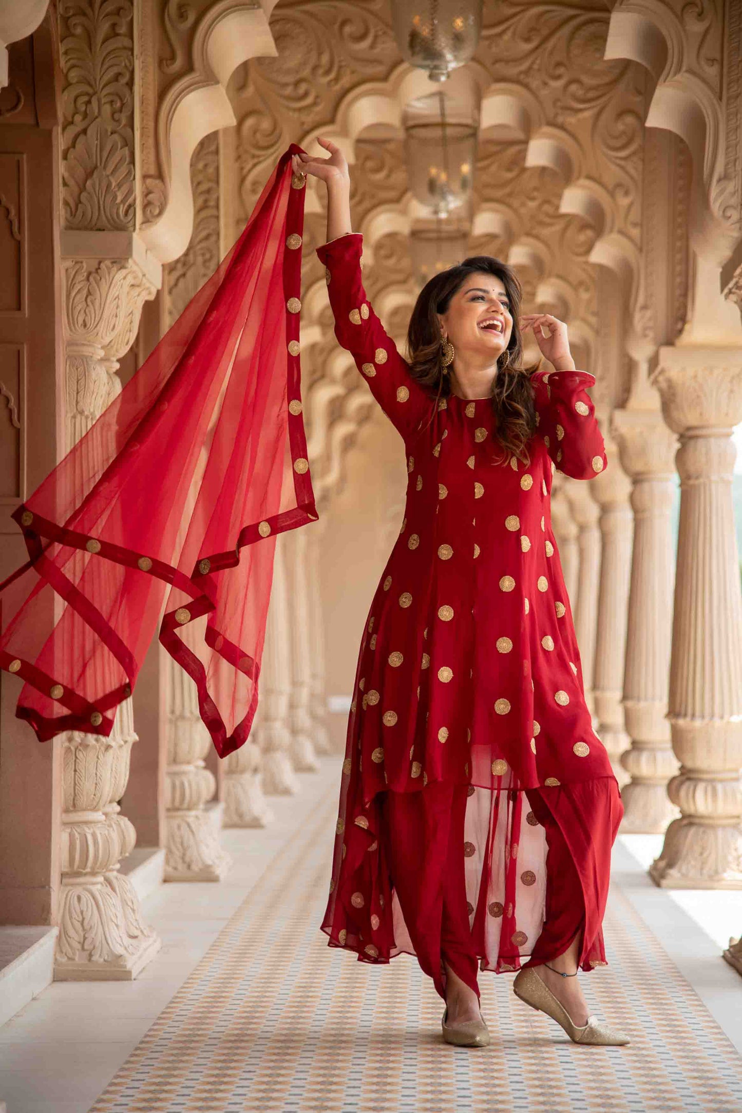 Women's Maroon High Low Dhoti Set