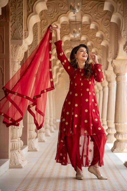 Women's Maroon High Low Dhoti Set
