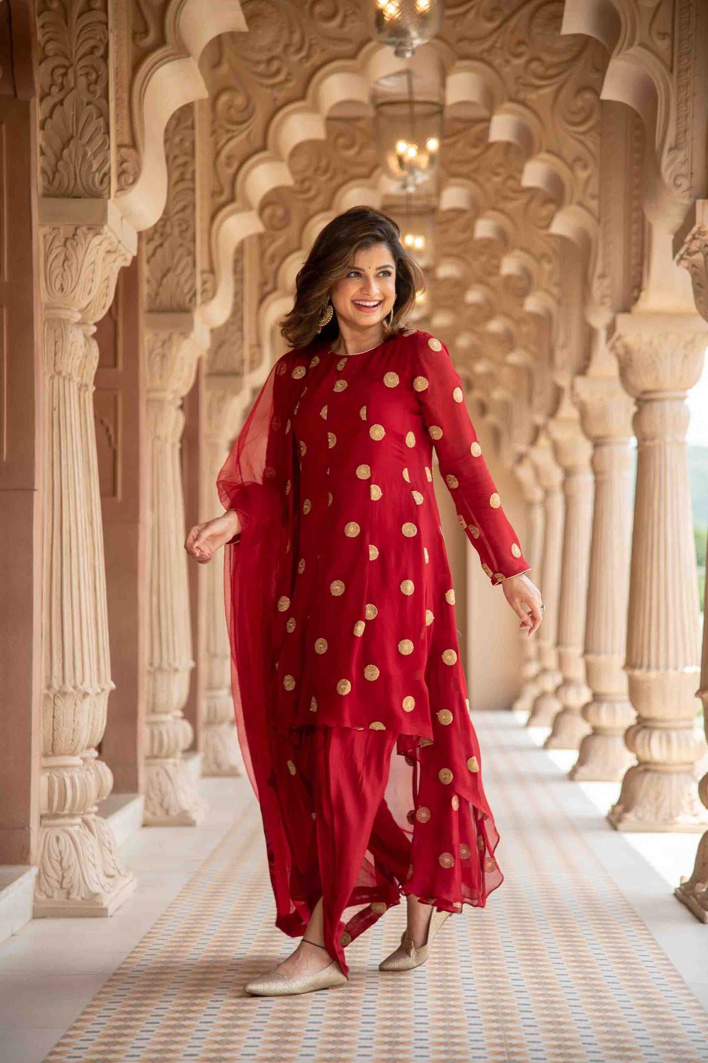 Women's Maroon High Low Dhoti Set