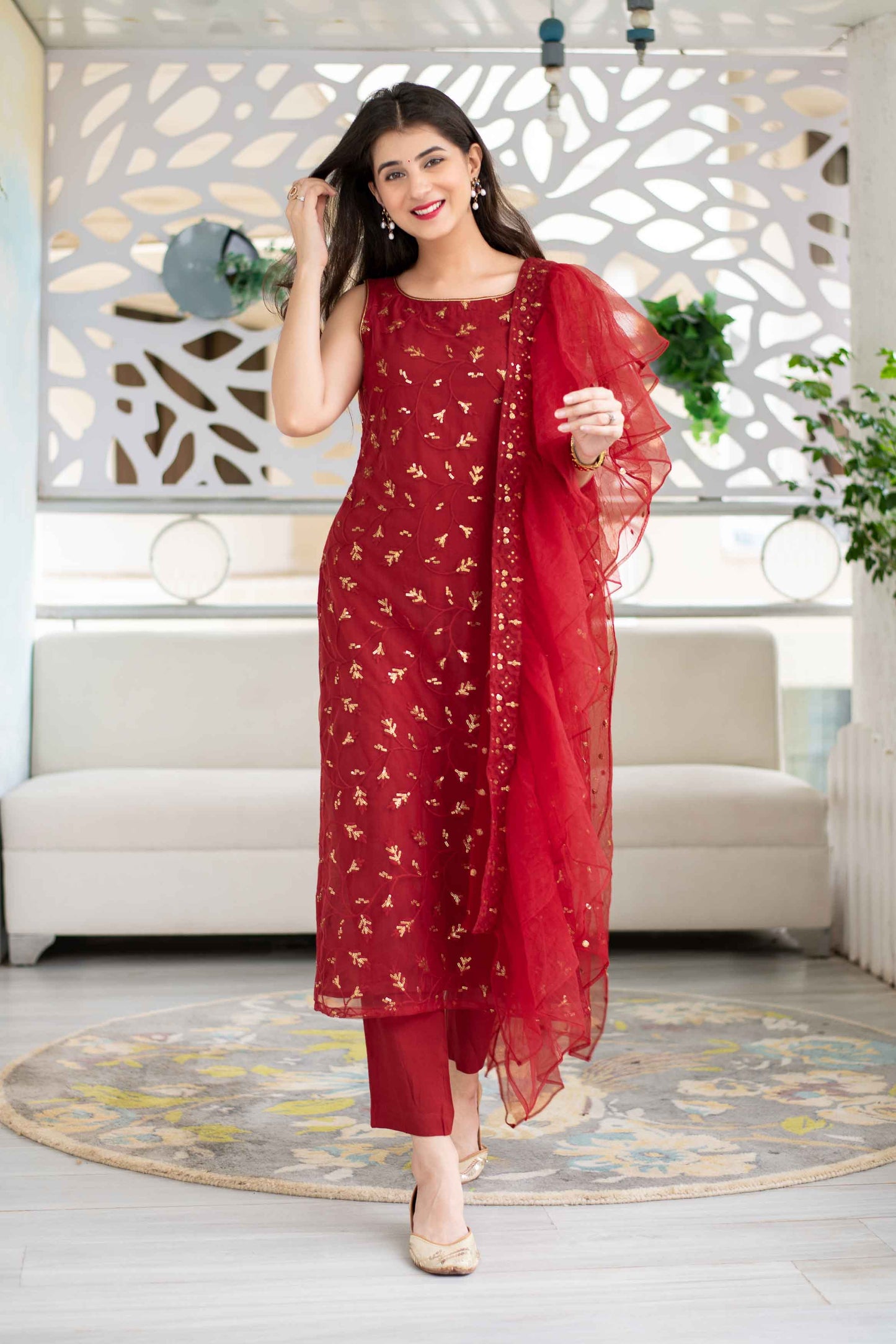 Women's Red Sequin Kurta Suit Set With Net Ruffle Dupat