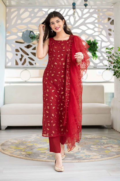 Women's Red Sequin Kurta Suit Set With Net Ruffle Dupat