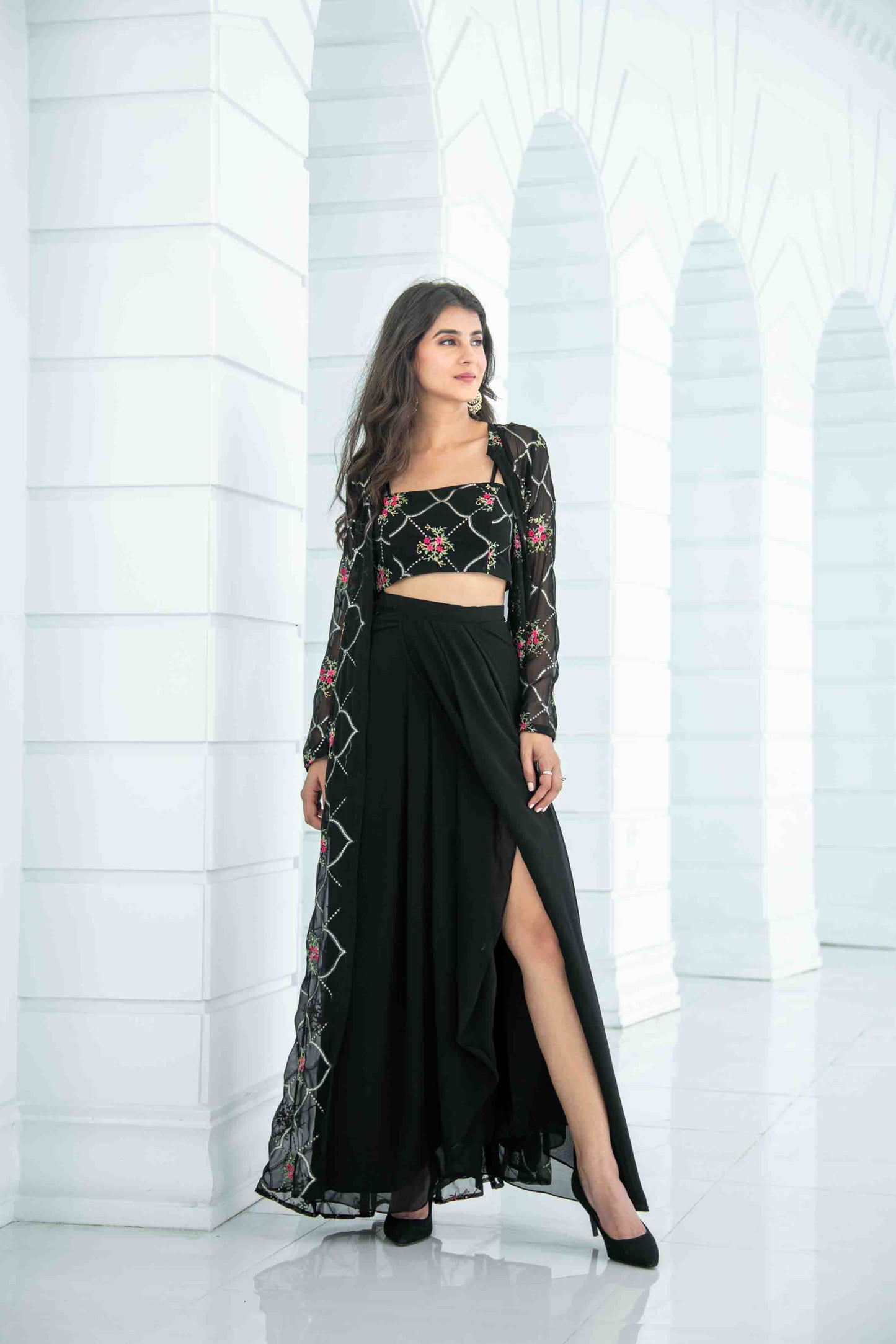 Women's Black Slit Dhoti With Jacket