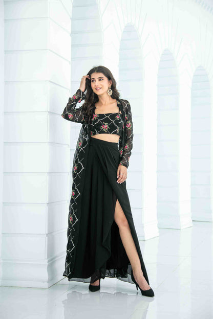 Women's Black Slit Dhoti With Jacket